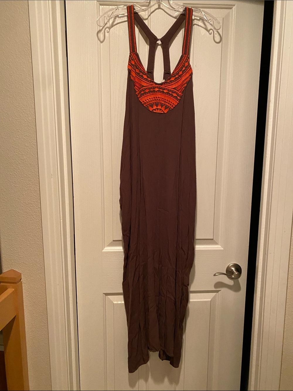 Brown Maxi Dress with Orange Embroidered Yoke